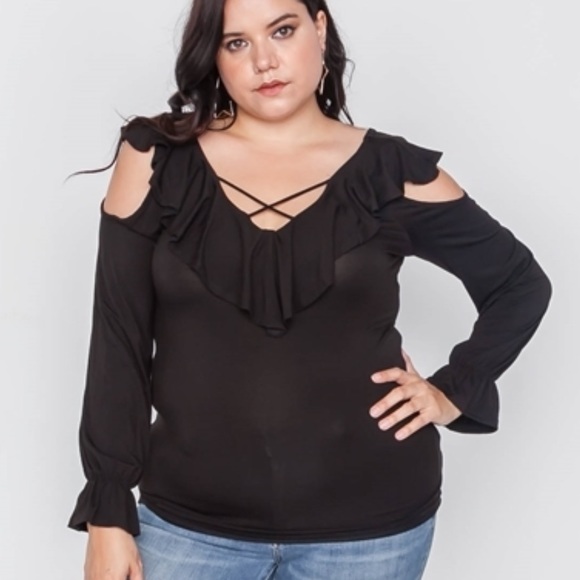 maitai Tops - 3/$10💕PLUS Black Long Sleeve Flounce